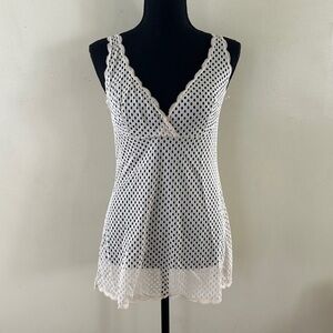 Light nude mesh tank top/mini dress with V neckline and lace trim